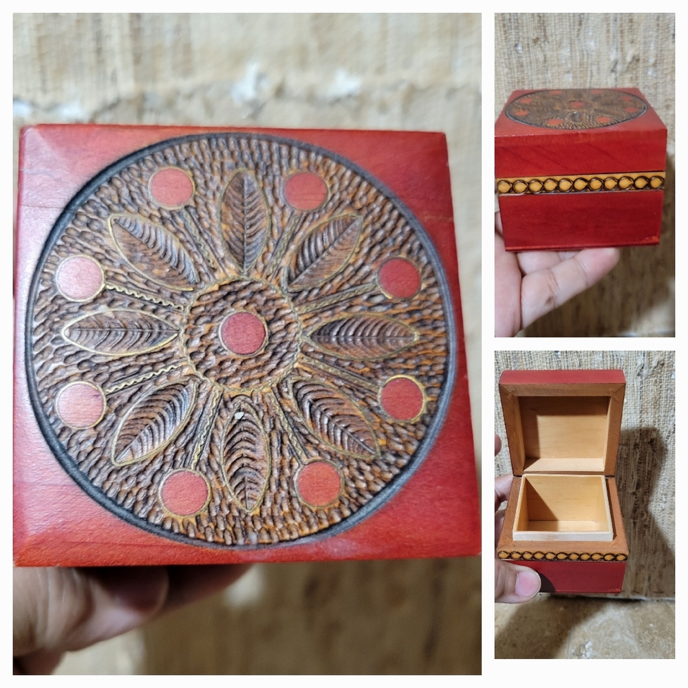 Handcrafted Sm Red Trinket Box Hinged Pyrography w/brass insets